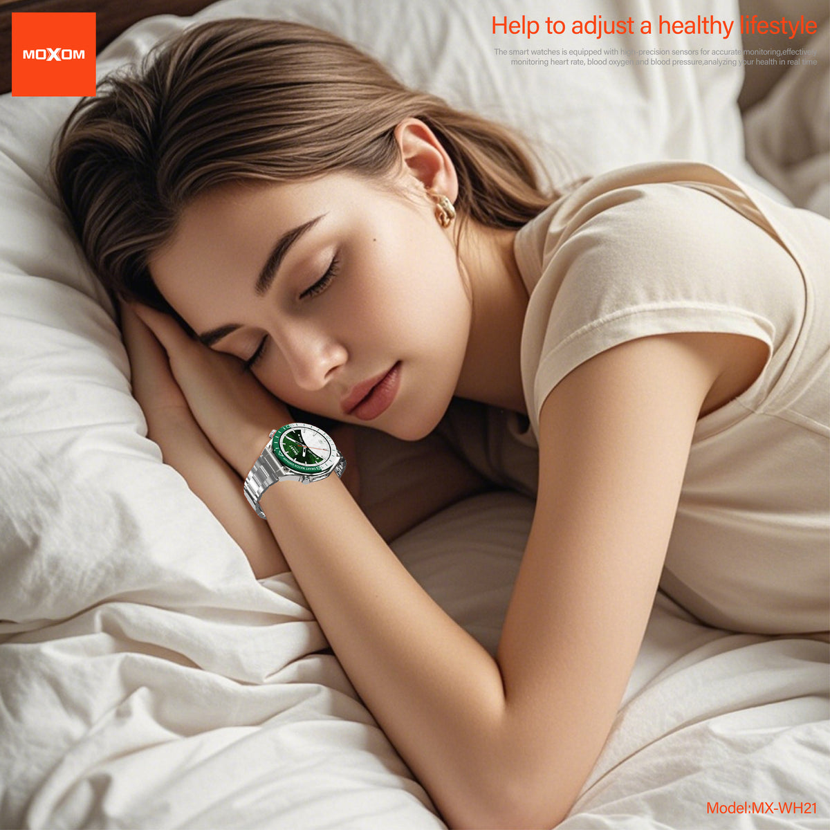 MOXOM MX-WH21 Emerald Steel Strap Smartwatch – Bluetooth Calling, NFC Door Access, IP67, Wireless Charging