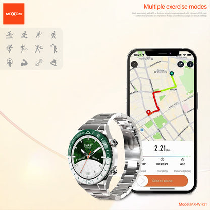 MOXOM MX-WH21 Emerald Steel Strap Smartwatch – Bluetooth Calling, NFC Door Access, IP67, Wireless Charging
