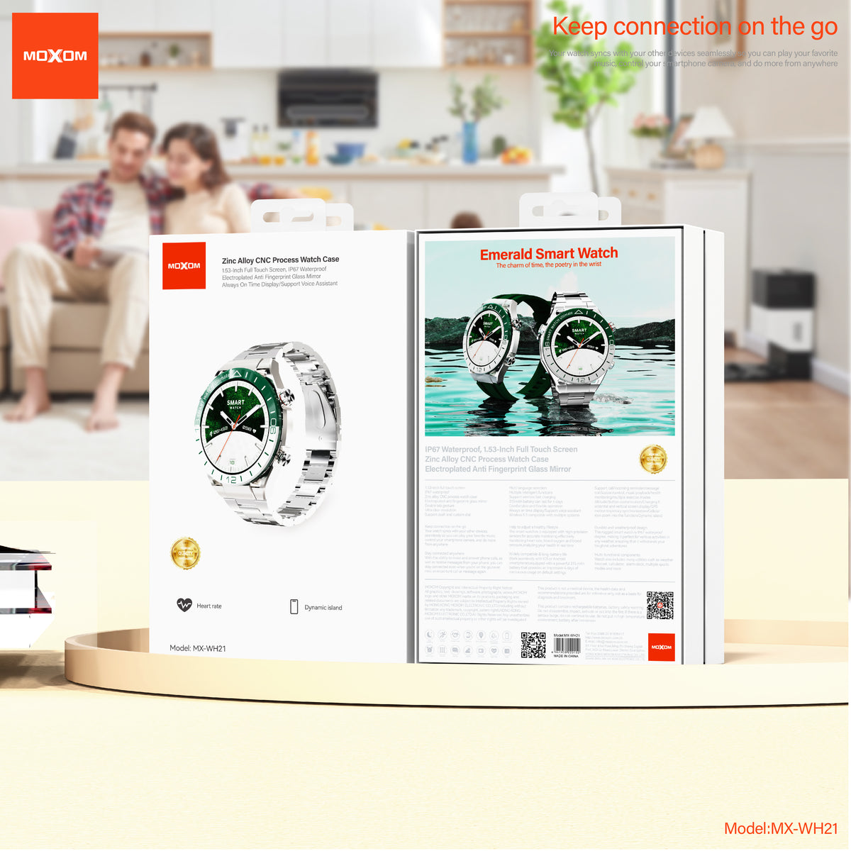 MOXOM MX-WH21 Emerald Steel Strap Smartwatch – Bluetooth Calling, NFC Door Access, IP67, Wireless Charging