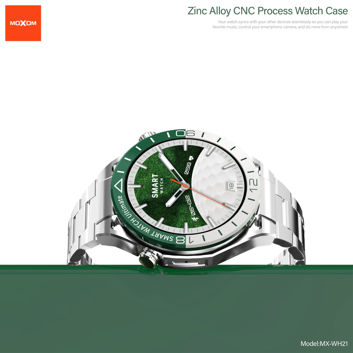 MOXOM MX-WH21 Emerald Steel Strap Smartwatch – Bluetooth Calling, NFC Door Access, IP67, Wireless Charging