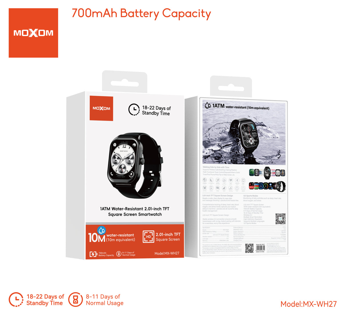 MOXOM MX-WH27 Smartwatch – 2.01" Square HD Screen, Bluetooth Calling, Up to 11-Day Battery, 1ATM