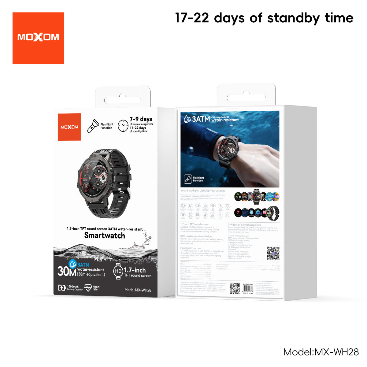 MOXOM MX-WH28 Smartwatch – 1.7" Round HD Screen, Bluetooth Calling, 3ATM Water Resistant, 7-9 Day Battery