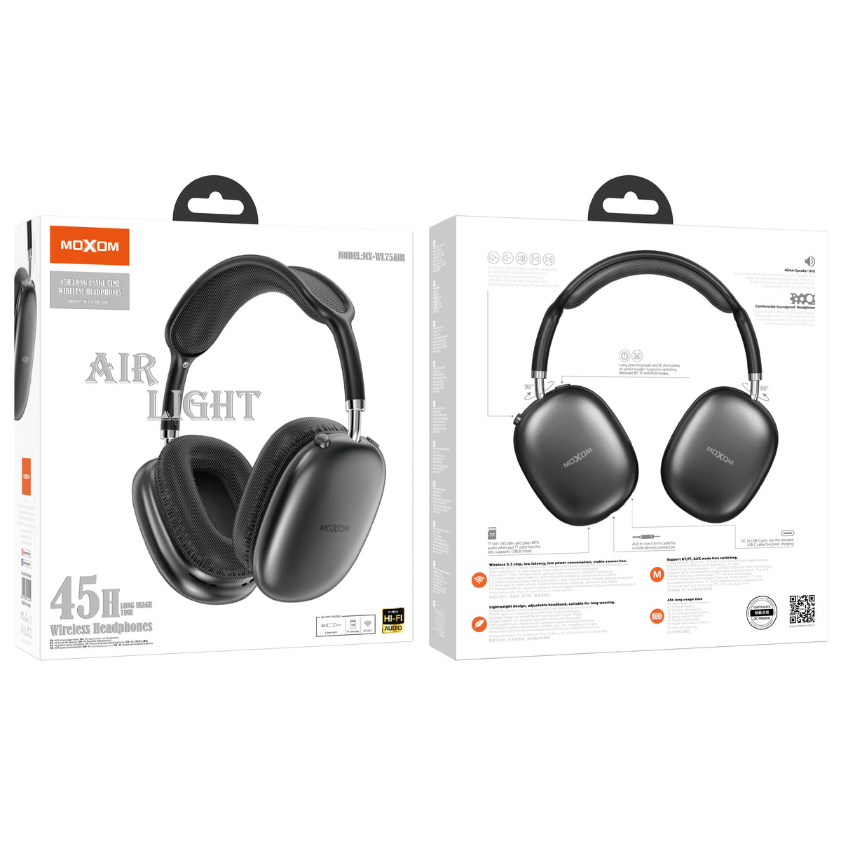 MOXOM MX-WL75 Air Light Wireless Headphones – Up to 45H Playtime, Bluetooth 5.3, AUX & TF Card, Black
