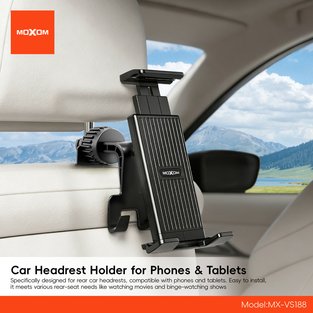 MOXOM MX-VS188 Car Headrest Holder for Phones & Tablets – Padded Magnetic Mount for Back Seat Entertainment