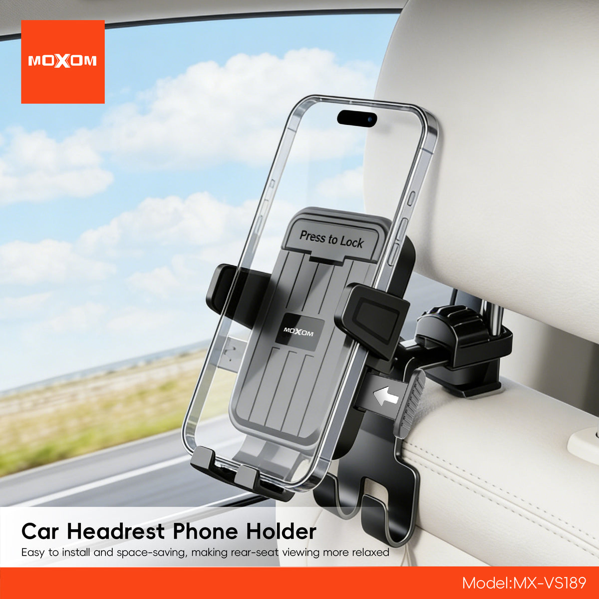 MOXOM MX-VS189 Magnetic Headrest Phone Holder – One-Click Lock, Neodymium Magnet, Fits All Headrests