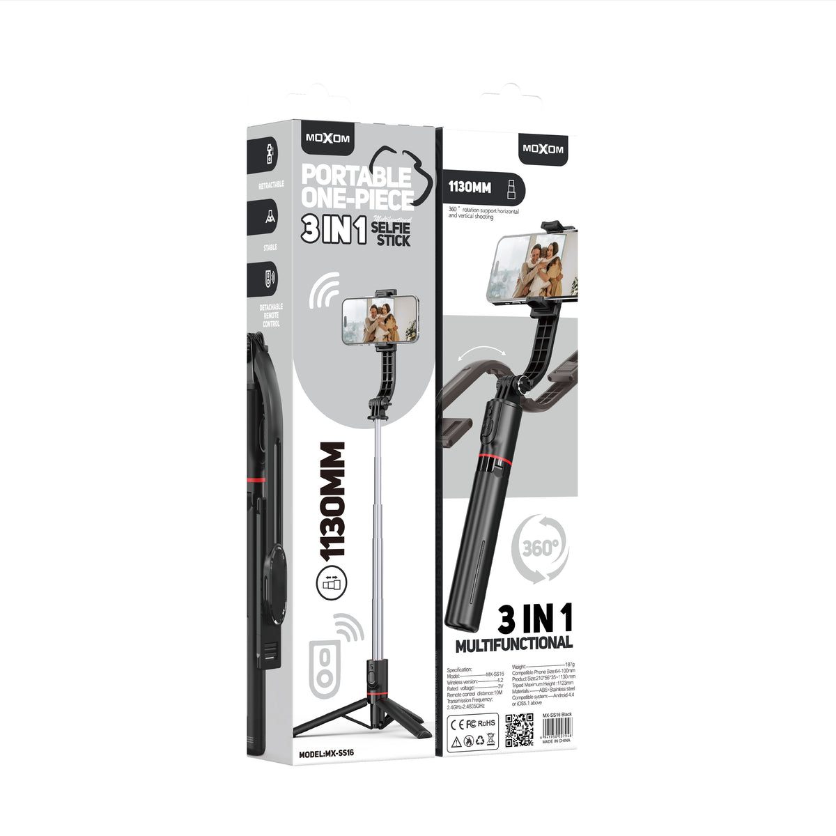 MOXOM MX-SS16 3-in-1 Selfie Stick Tripod with Fill Light – 103cm, 3 Brightness Levels, Bluetooth Remote