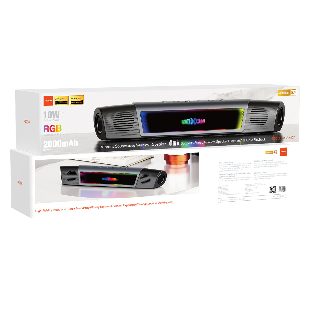 MOXOM MX-SK107 Vibrant Soundwave 10W Bluetooth Speaker – Bluetooth 5.4, AUX Input, Type-C Charging