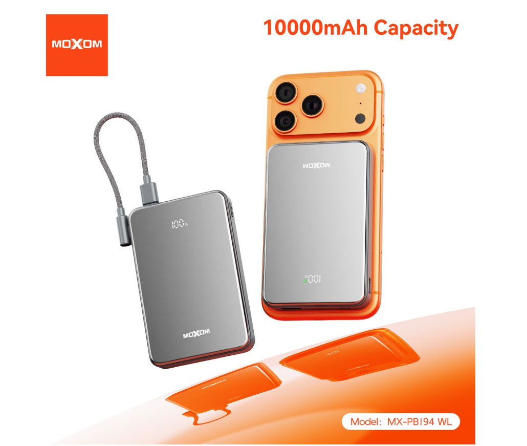 MOXOM MX-PB194 10000mAh Magnetic Power Bank with Kickstand – MagSafe Wireless, 22.5W Fast Charging
