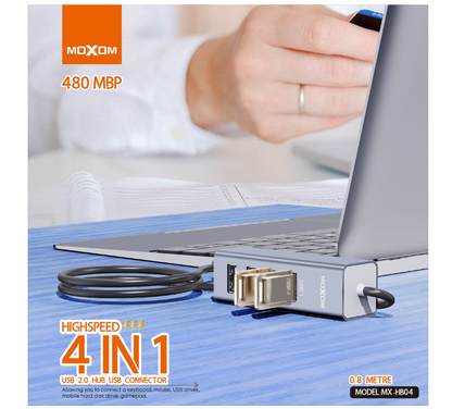 MOXOM MX-HB04 4-in-1 USB Hub – 4 USB Ports, 480Mbps, 80cm Cable for Laptop, PC & Gaming