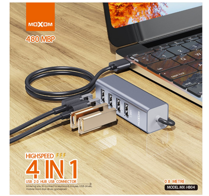 MOXOM MX-HB04 4-in-1 USB Hub – 4 USB Ports, 480Mbps, 80cm Cable for Laptop, PC & Gaming