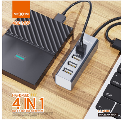 MOXOM MX-HB04 4-in-1 USB Hub – 4 USB Ports, 480Mbps, 80cm Cable for Laptop, PC & Gaming