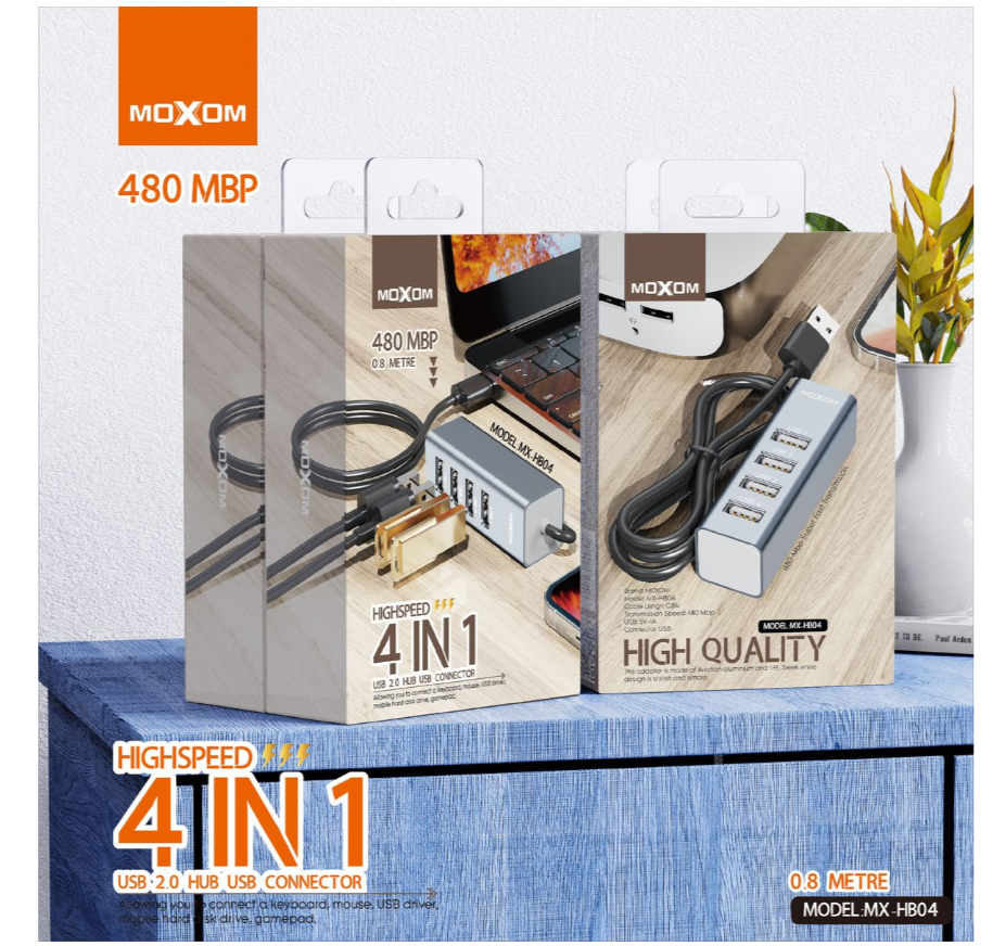 MOXOM MX-HB04 4-in-1 USB Hub – 4 USB Ports, 480Mbps, 80cm Cable for Laptop, PC & Gaming