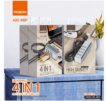 MOXOM MX-HB04 4-in-1 USB Hub – 4 USB Ports, 480Mbps, 80cm Cable for Laptop, PC & Gaming