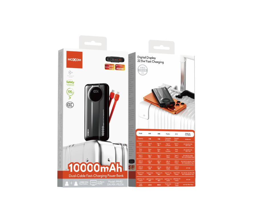 MOXOM MX-PB206 10000mAh Power Bank – 22.5W + PD 20W, Built-In Cables, LED Display, Fire-Resistant