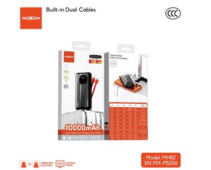 MOXOM MX-PB206 10000mAh Power Bank – 22.5W + PD 20W, Built-In Cables, LED Display, Fire-Resistant