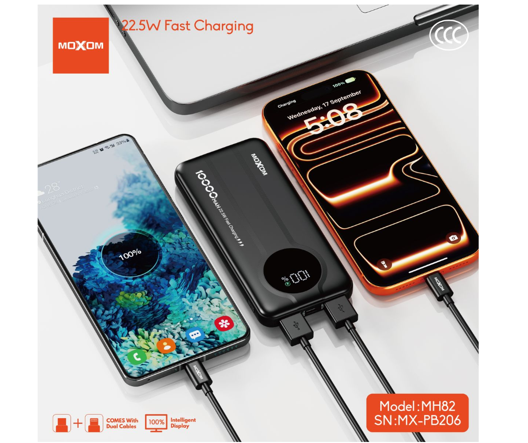 MOXOM MX-PB206 10000mAh Power Bank – 22.5W + PD 20W, Built-In Cables, LED Display, Fire-Resistant