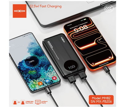 MOXOM MX-PB206 10000mAh Power Bank – 22.5W + PD 20W, Built-In Cables, LED Display, Fire-Resistant