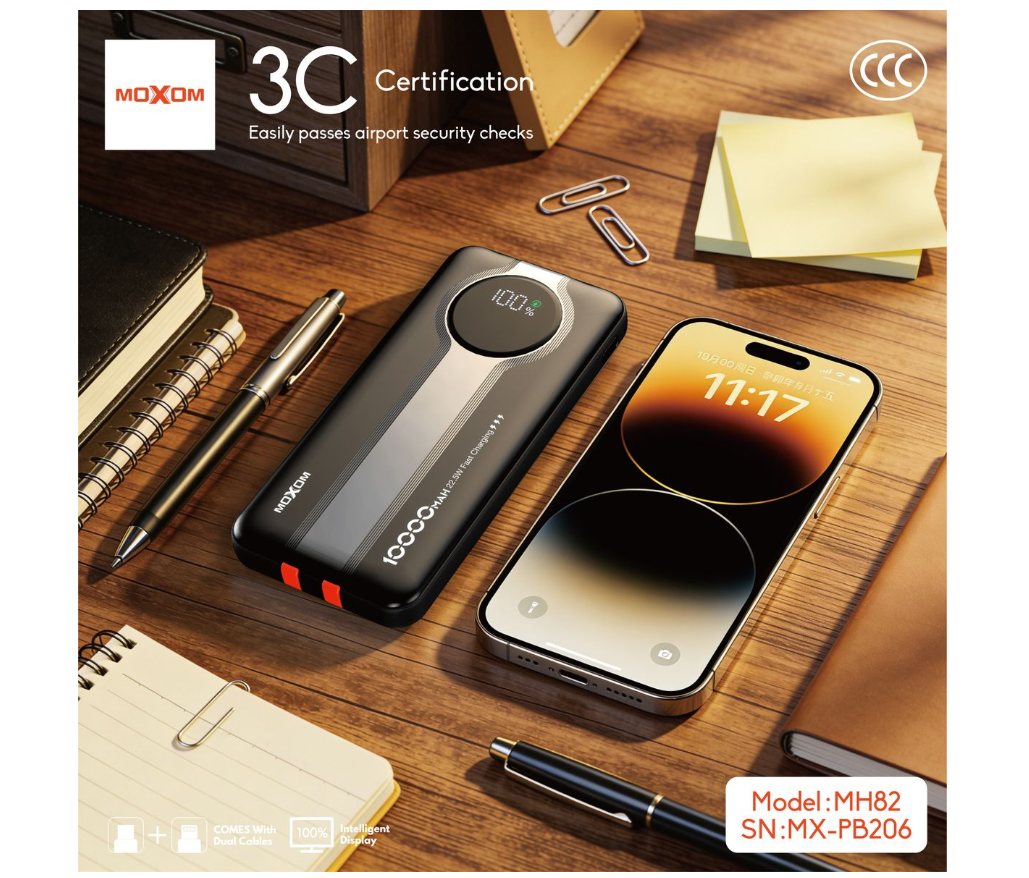 MOXOM MX-PB206 10000mAh Power Bank – 22.5W + PD 20W, Built-In Cables, LED Display, Fire-Resistant