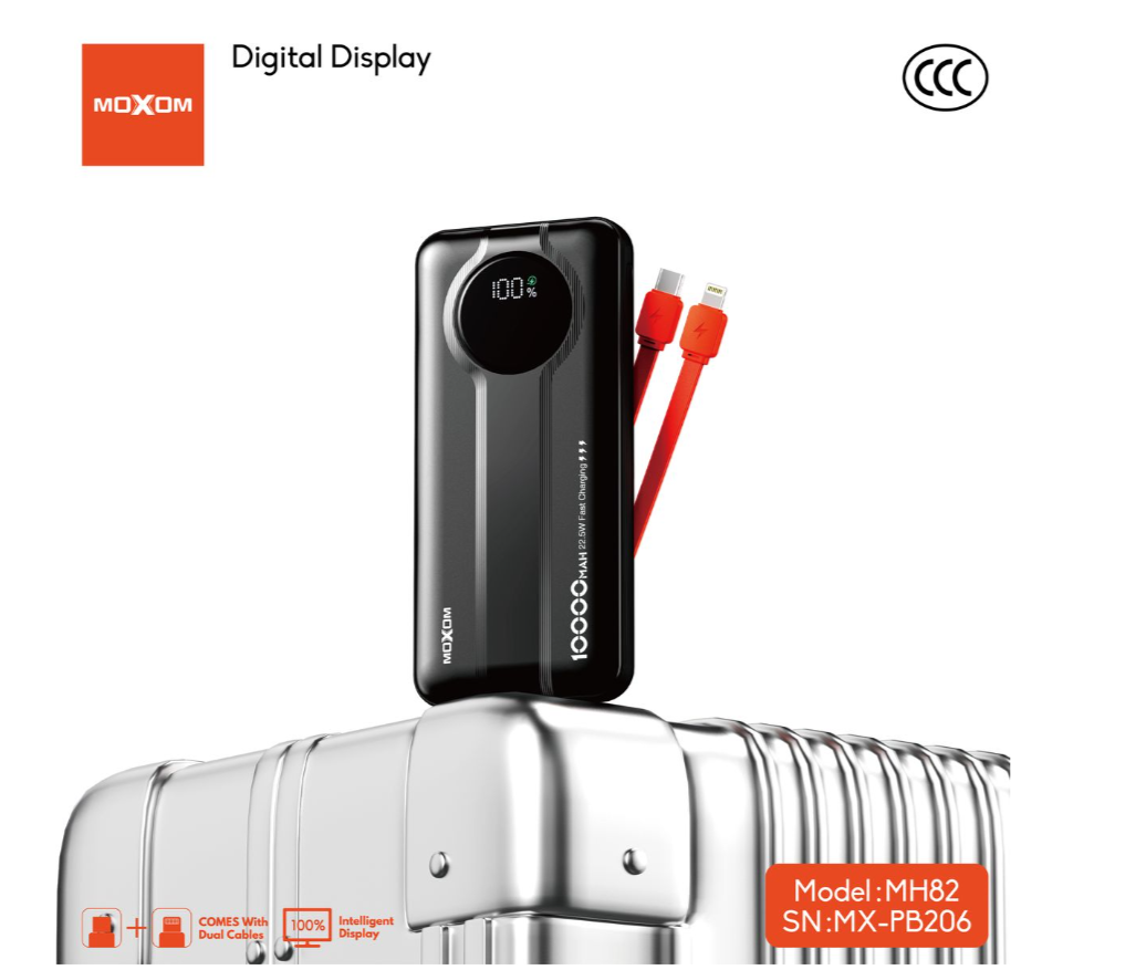 MOXOM MX-PB206 10000mAh Power Bank – 22.5W + PD 20W, Built-In Cables, LED Display, Fire-Resistant