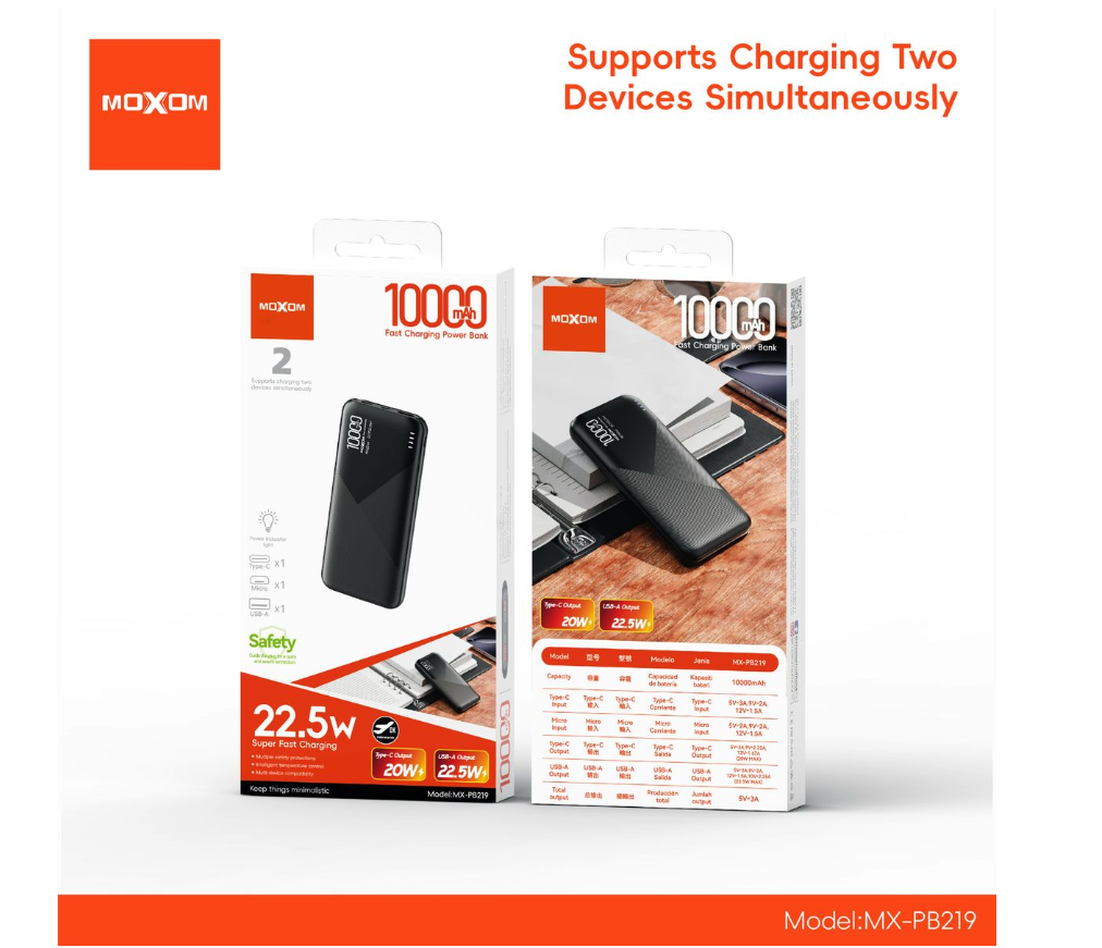 MOXOM MX-PB219 10000mAh Power Bank – 22.5W Super Fast Charging, USB-C + USB-A, Compact