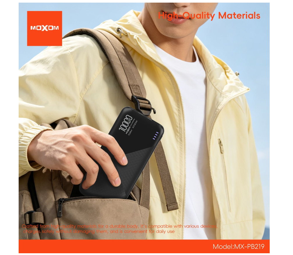 MOXOM MX-PB219 10000mAh Power Bank – 22.5W Super Fast Charging, USB-C + USB-A, Compact