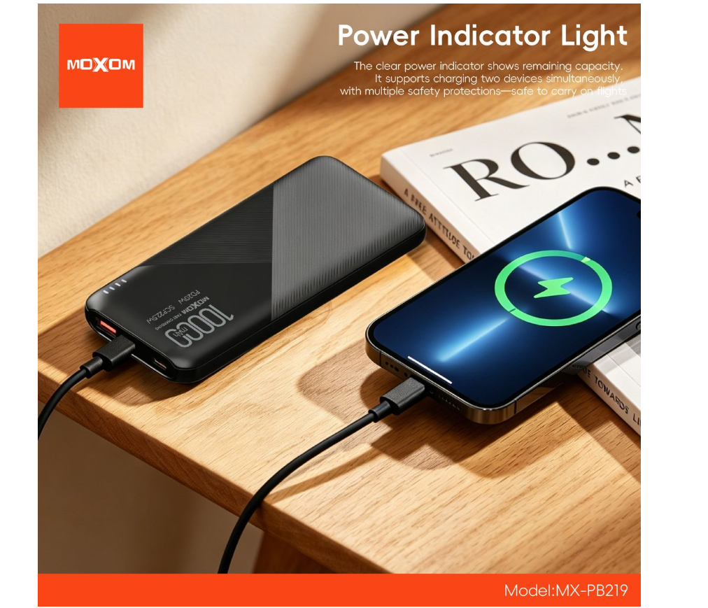 MOXOM MX-PB219 10000mAh Power Bank – 22.5W Super Fast Charging, USB-C + USB-A, Compact