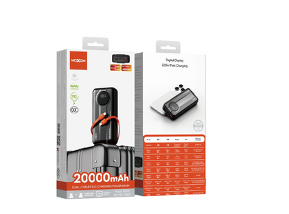 MOXOM MX-PB207 20000mAh Power Bank – 22.5W Fast Charging, Built-In Dual Cables, Digital LED Display