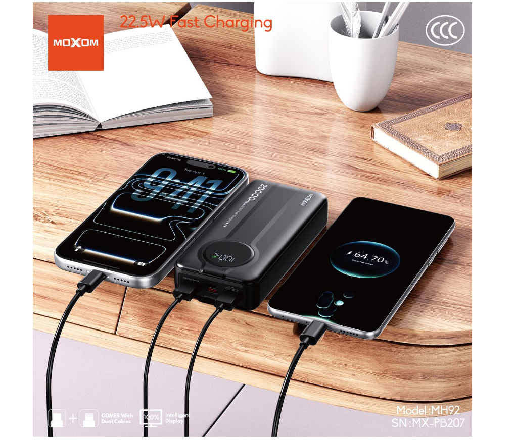 MOXOM MX-PB207 20000mAh Power Bank – 22.5W Fast Charging, Built-In Dual Cables, Digital LED Display