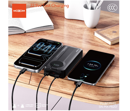 MOXOM MX-PB207 20000mAh Power Bank – 22.5W Fast Charging, Built-In Dual Cables, Digital LED Display