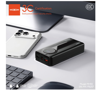 MOXOM MX-PB207 20000mAh Power Bank – 22.5W Fast Charging, Built-In Dual Cables, Digital LED Display