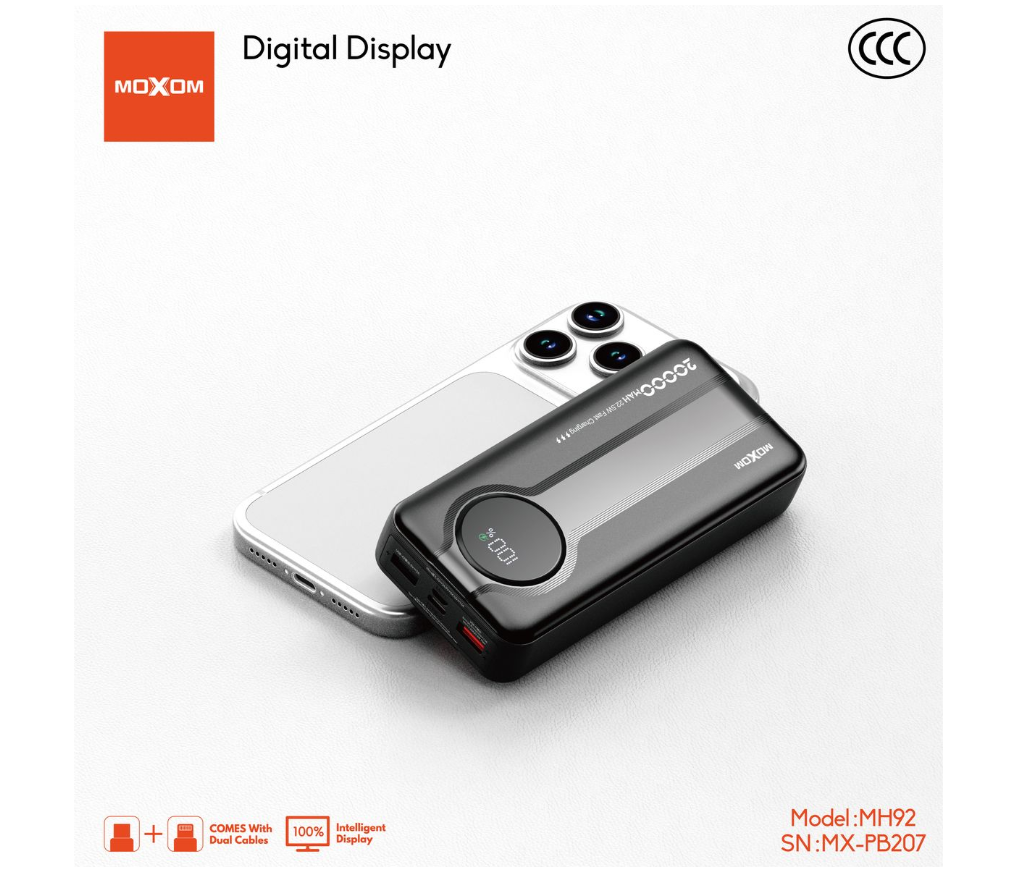 MOXOM MX-PB207 20000mAh Power Bank – 22.5W Fast Charging, Built-In Dual Cables, Digital LED Display