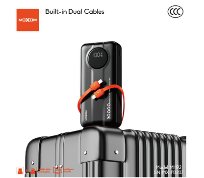 MOXOM MX-PB207 20000mAh Power Bank – 22.5W Fast Charging, Built-In Dual Cables, Digital LED Display