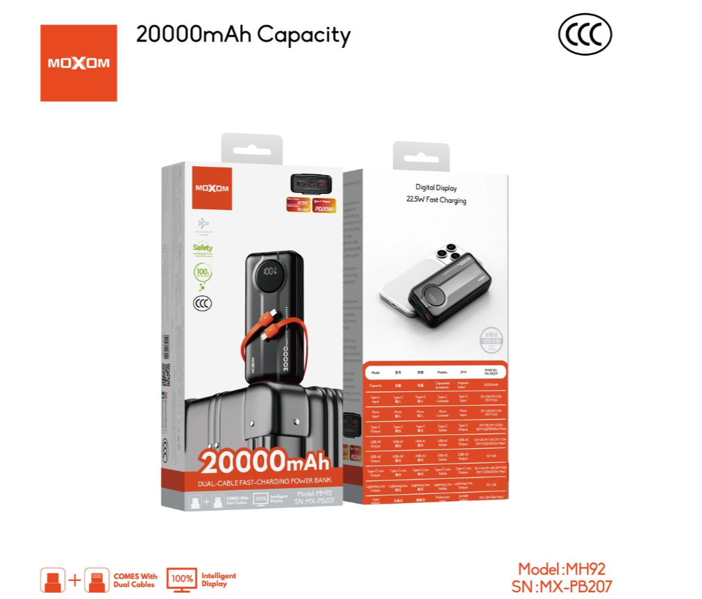 MOXOM MX-PB207 20000mAh Power Bank – 22.5W Fast Charging, Built-In Dual Cables, Digital LED Display