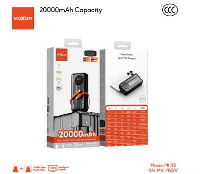 MOXOM MX-PB207 20000mAh Power Bank – 22.5W Fast Charging, Built-In Dual Cables, Digital LED Display