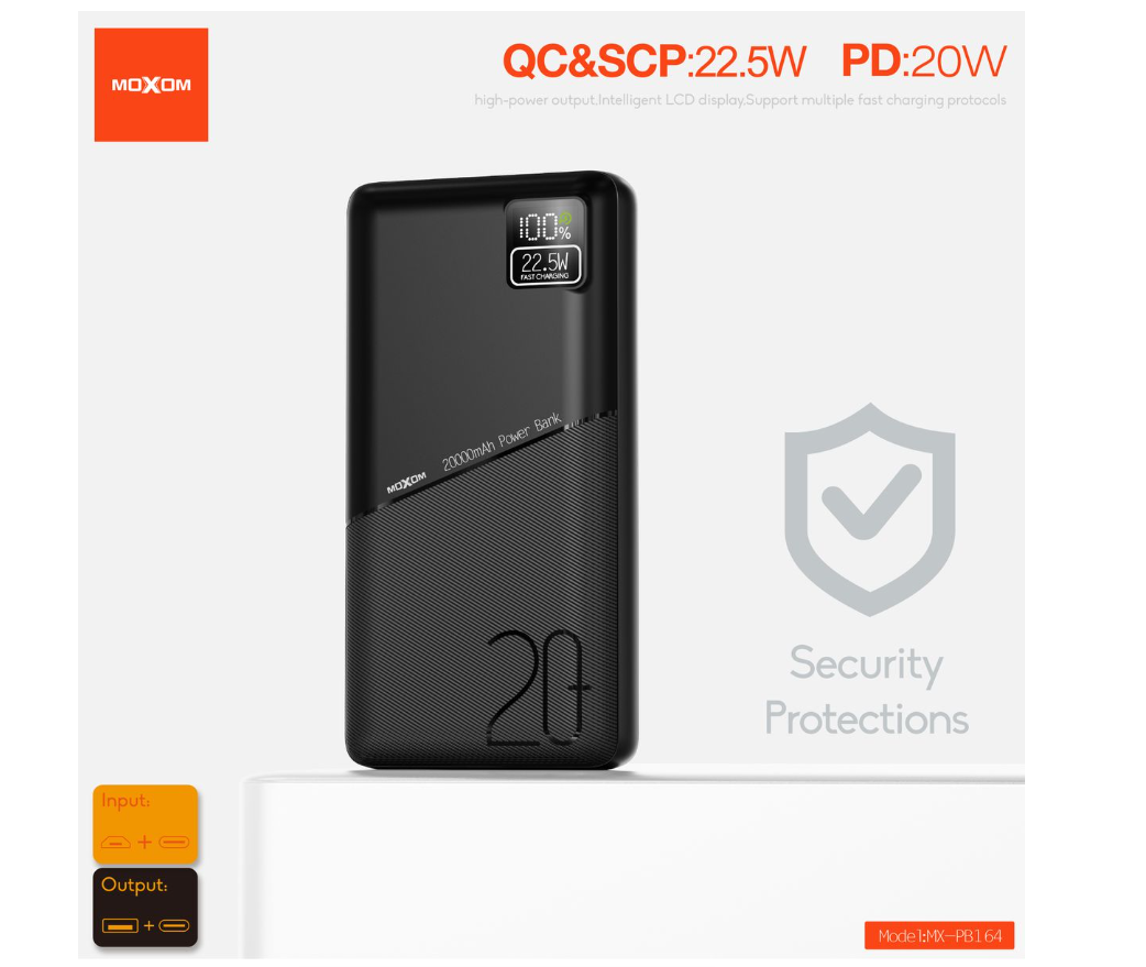 MOXOM MX-PB220 20000mAh Power Bank with Built-In USB-C & Lightning Cables – 22.5W Fast Charging