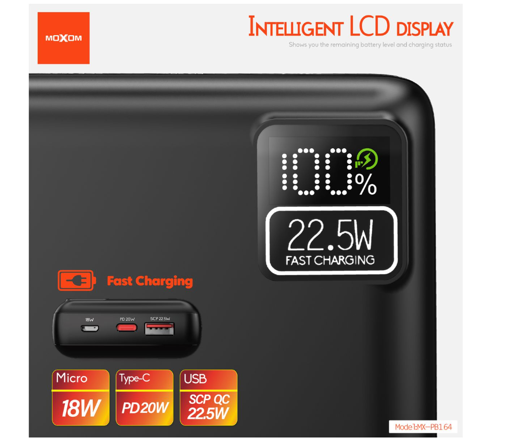 MOXOM MX-PB220 20000mAh Power Bank with Built-In USB-C & Lightning Cables – 22.5W Fast Charging