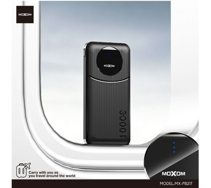 MOXOM MX-PB217 10000mAh Power Bank – USB-C & USB-A, Digital LED Display, Airline-Friendly, Black