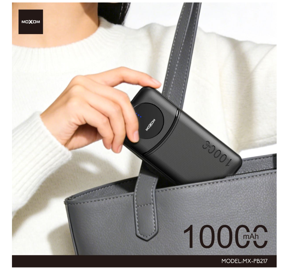 MOXOM MX-PB217 10000mAh Power Bank – USB-C & USB-A, Digital LED Display, Airline-Friendly, Black