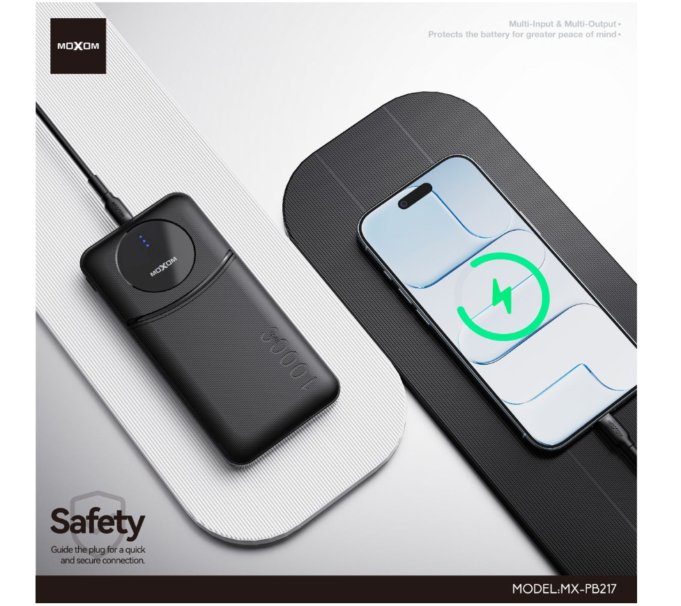 MOXOM MX-PB217 10000mAh Power Bank – USB-C & USB-A, Digital LED Display, Airline-Friendly, Black