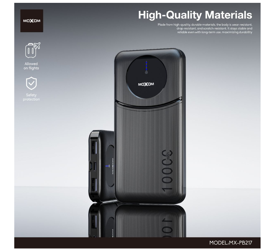 MOXOM MX-PB217 10000mAh Power Bank – USB-C & USB-A, Digital LED Display, Airline-Friendly, Black