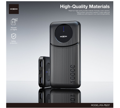 MOXOM MX-PB217 10000mAh Power Bank – USB-C & USB-A, Digital LED Display, Airline-Friendly, Black