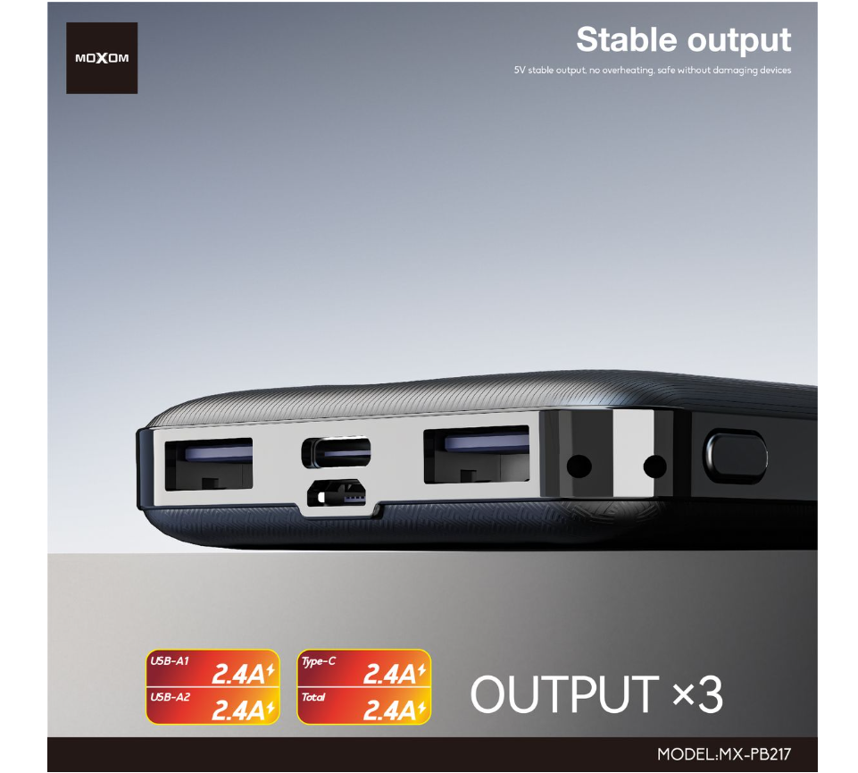 MOXOM MX-PB217 10000mAh Power Bank – USB-C & USB-A, Digital LED Display, Airline-Friendly, Black