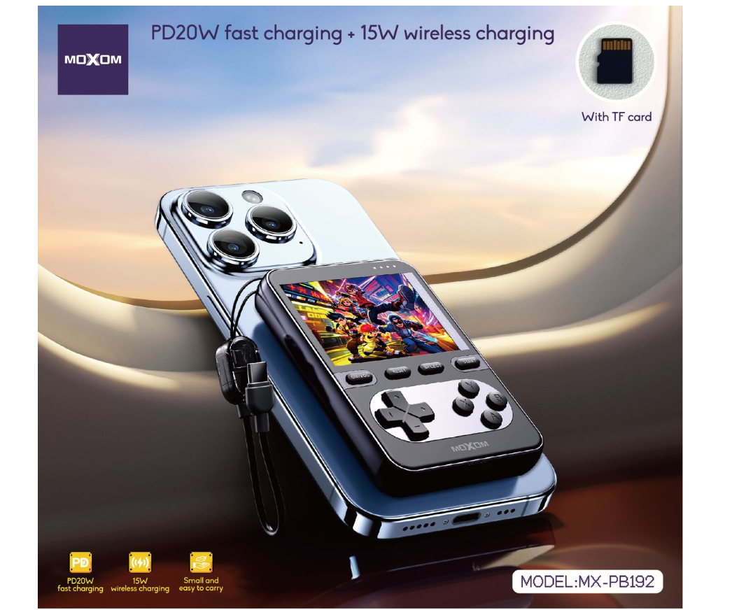 MOXOM MX-PB192 5000mAh Magnetic Power Bank with ~1000 Built-In Games – 2.8" Screen, 20W PD, 15W Wireless