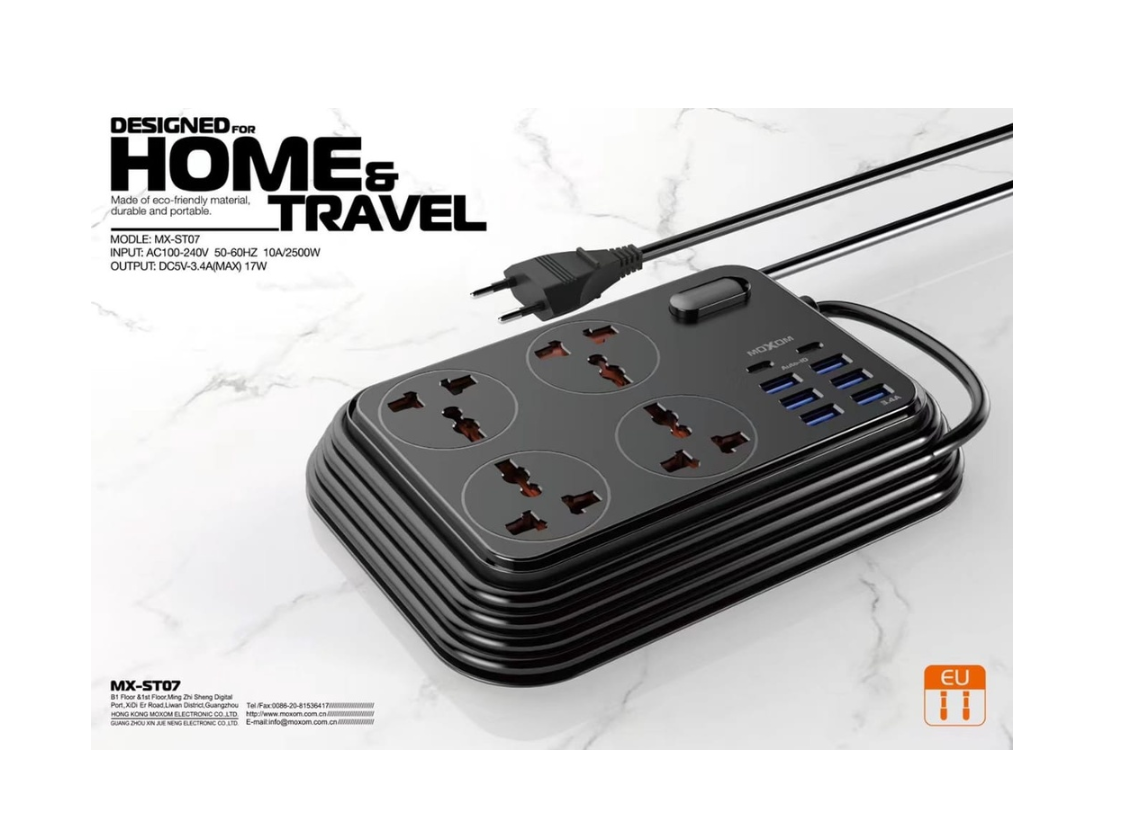MOXOM MX-ST07 12-Outlet Power Strip with USB Charging – 2500W, Home & Office, Black