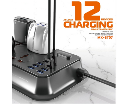 MOXOM MX-ST07 12-Outlet Power Strip with USB Charging – 2500W, Home & Office, Black
