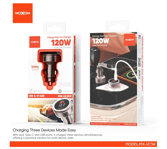 MOXOM MX-VC54 Energy Hub Car Charger – 75W Dual Port (45W USB-A/C + 30W USB-C), Fast Charge Laptop & Phone