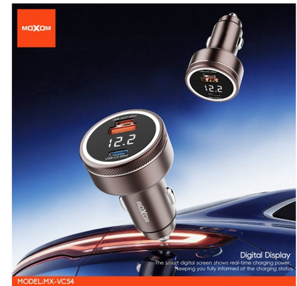 MOXOM MX-VC54 Energy Hub Car Charger – 75W Dual Port (45W USB-A/C + 30W USB-C), Fast Charge Laptop & Phone