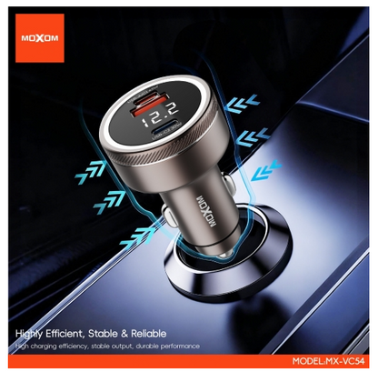 MOXOM MX-VC54 Energy Hub Car Charger – 75W Dual Port (45W USB-A/C + 30W USB-C), Fast Charge Laptop & Phone