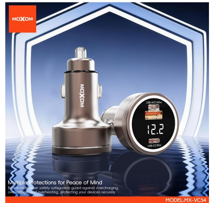 MOXOM MX-VC54 Energy Hub Car Charger – 75W Dual Port (45W USB-A/C + 30W USB-C), Fast Charge Laptop & Phone