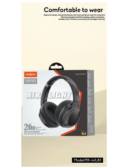 MOXOM MX-WL83 Wireless Headphones – Bluetooth 5.3, Hi-Fi Stereo, 26H Playback, AUX Mode, Black